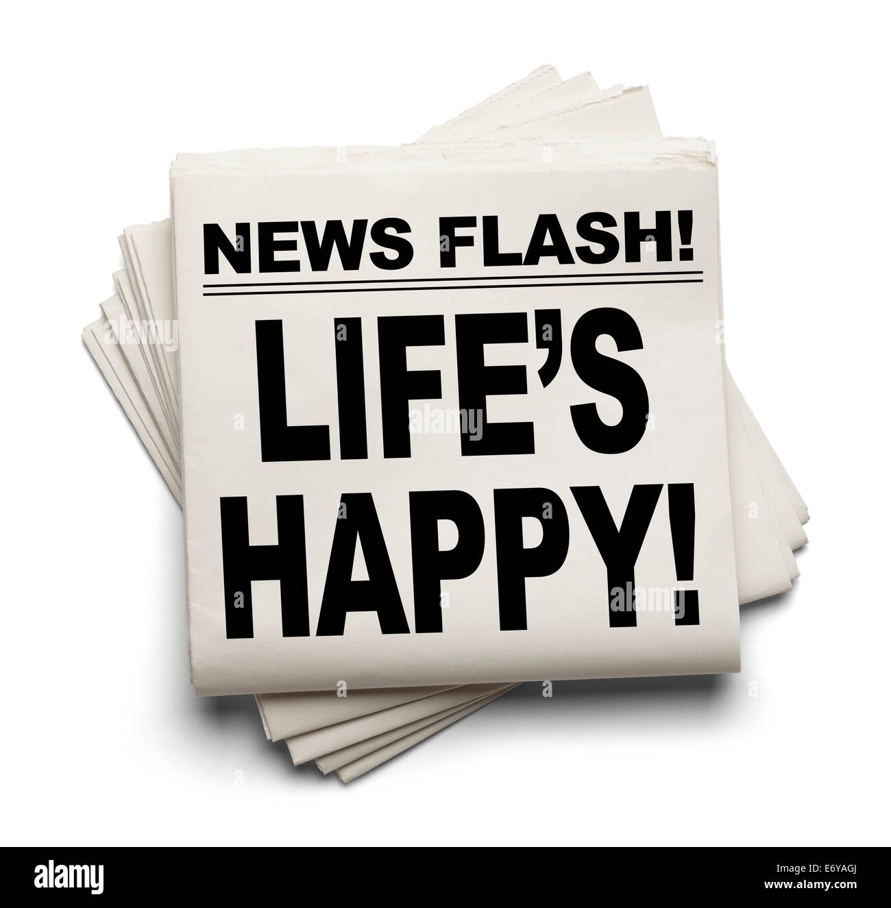 News Flash Life's Happy News Paper Isolated on White Background. Stock Photo
