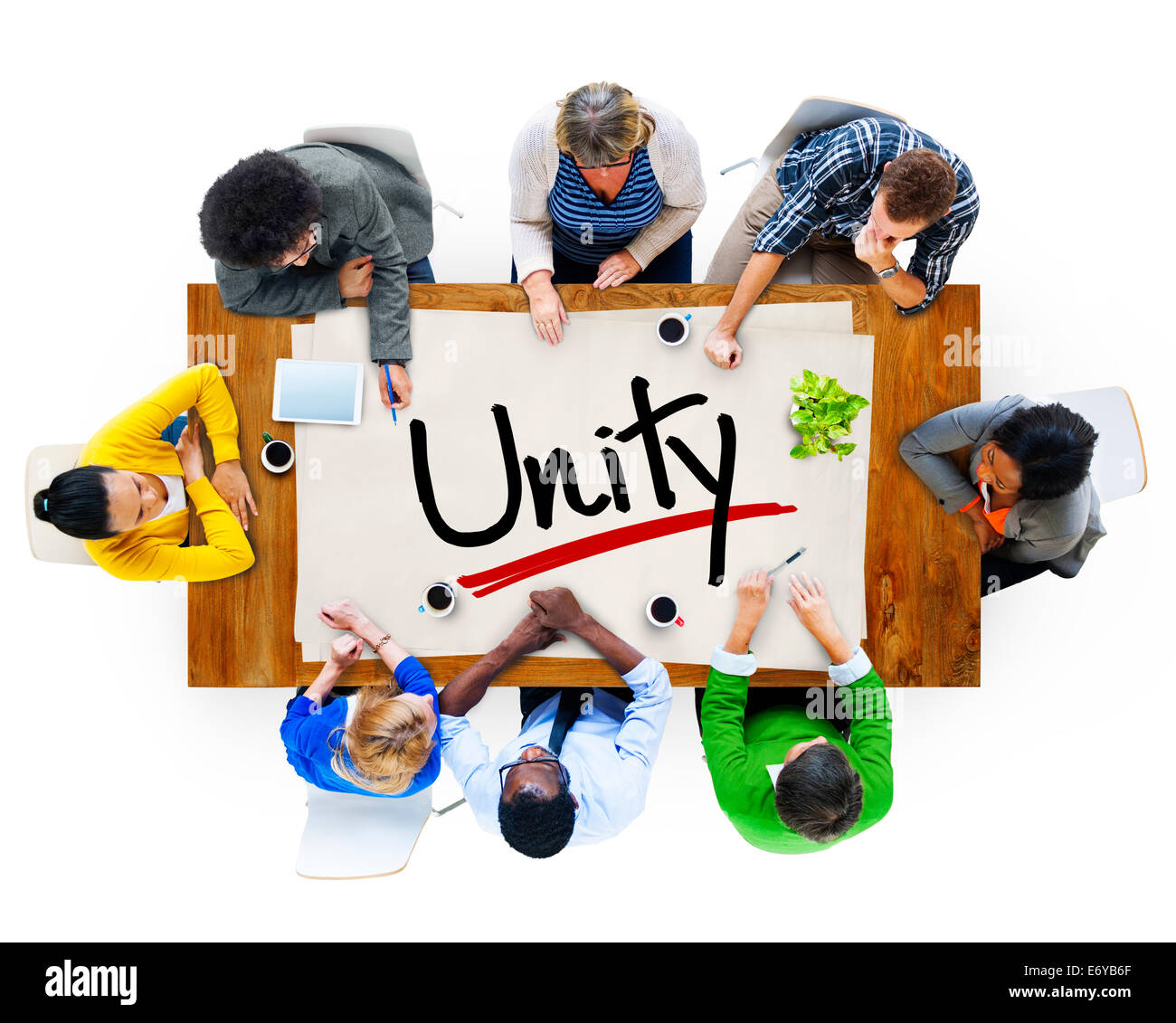 People in a Meeting and Single Word Unity Stock Photo