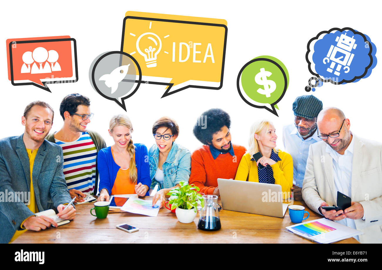 Group of People Discussing With Speech Bubbles Stock Photo - Alamy