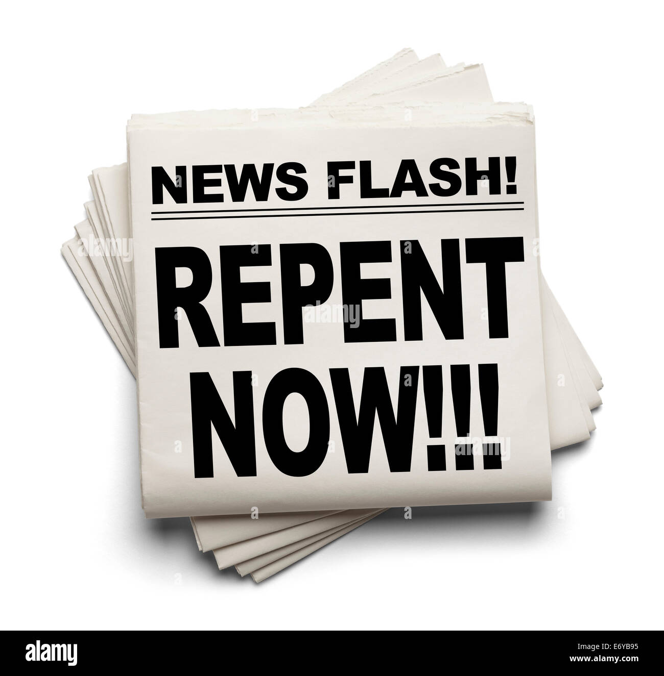 News Flash Repent Now News Paper Isolated on White Background. Stock Photo