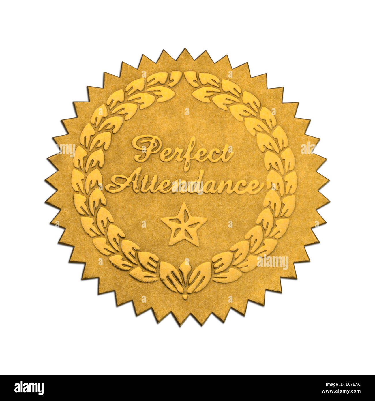 Gold Star Foil Seal Perfect Attendance Isolated on White Background. Stock Photo