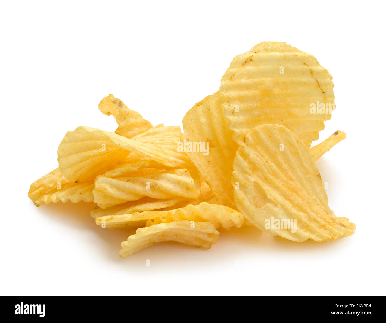 Pile of Wrinkled Wavy Potato Chips Isolated on White Background. Stock Photo