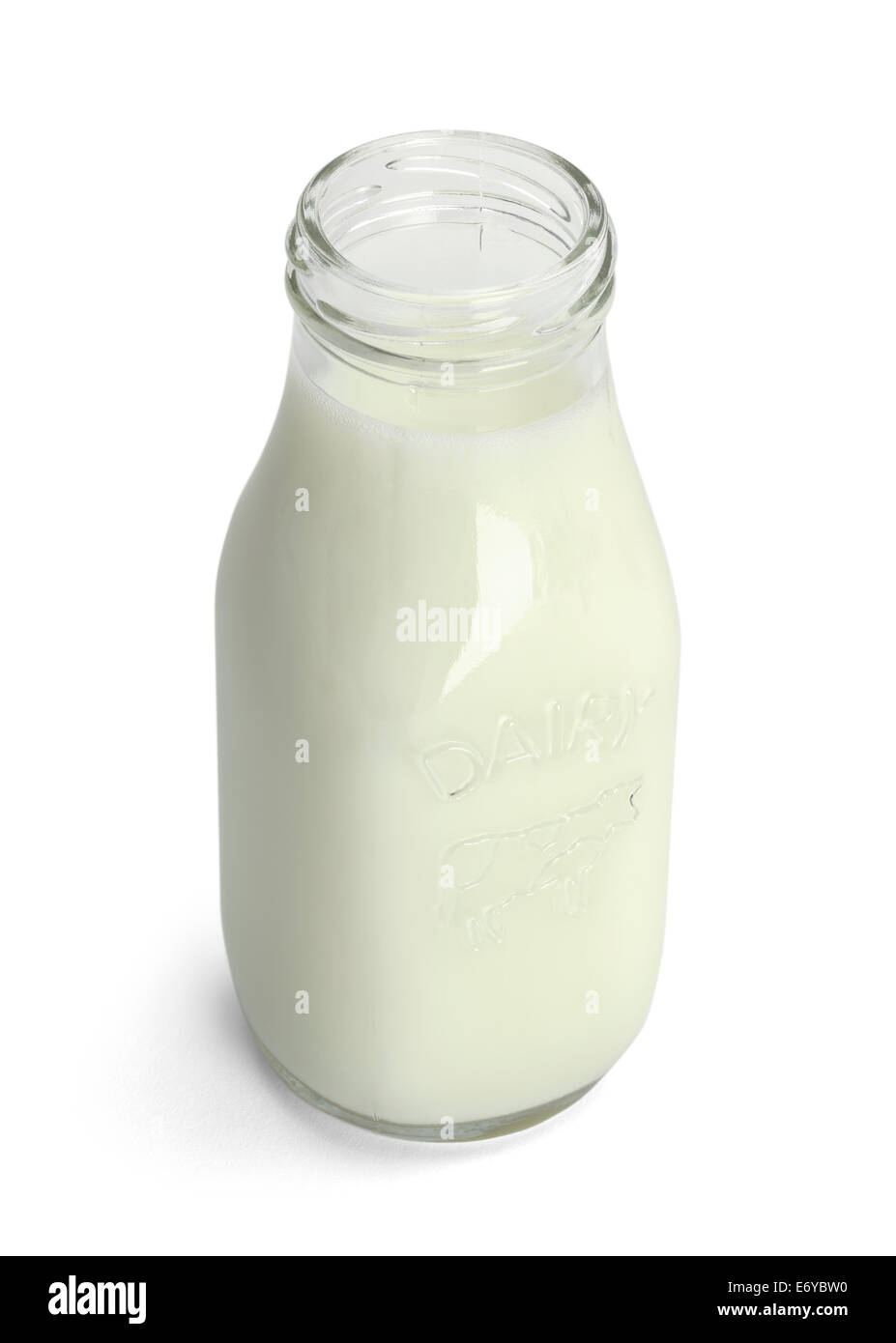 Open Glass Bottle of Milk Isolated on White Background. Stock Photo