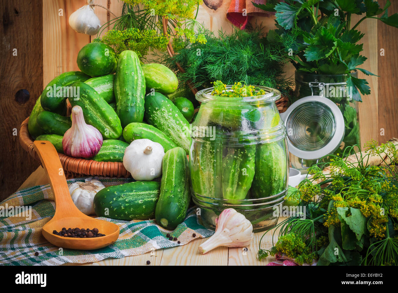 Jar of pickles and other ingredients for pickling Stock Photo