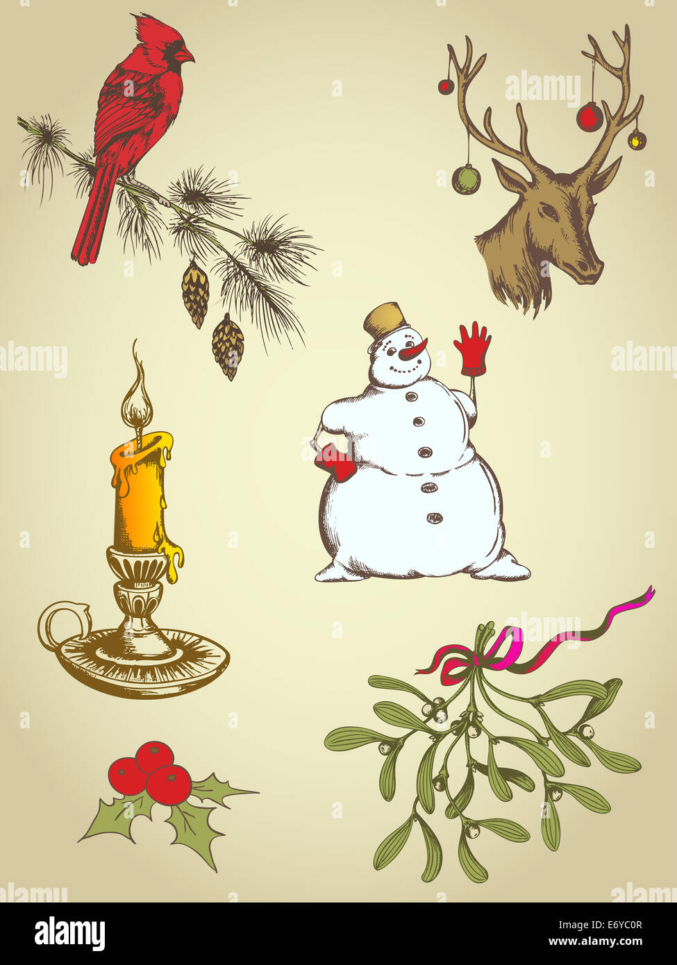 set of vintage hand drawn Christmas elements Stock Photo - Alamy