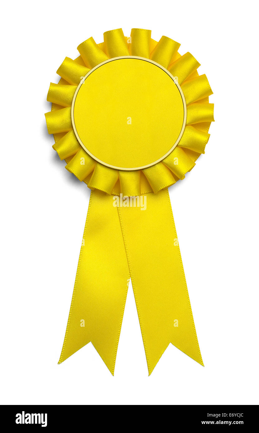 Large Yellow Award Ribbon With Copy Space Isolated on White Background. Stock Photo
