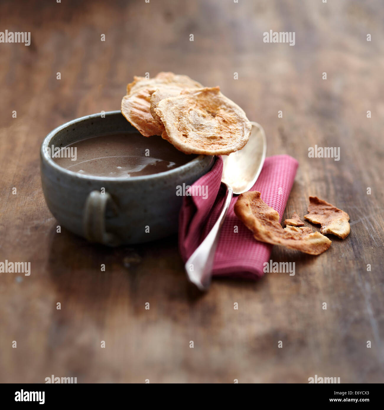 Cream of mushroom soup ,chestnut crisps Stock Photo