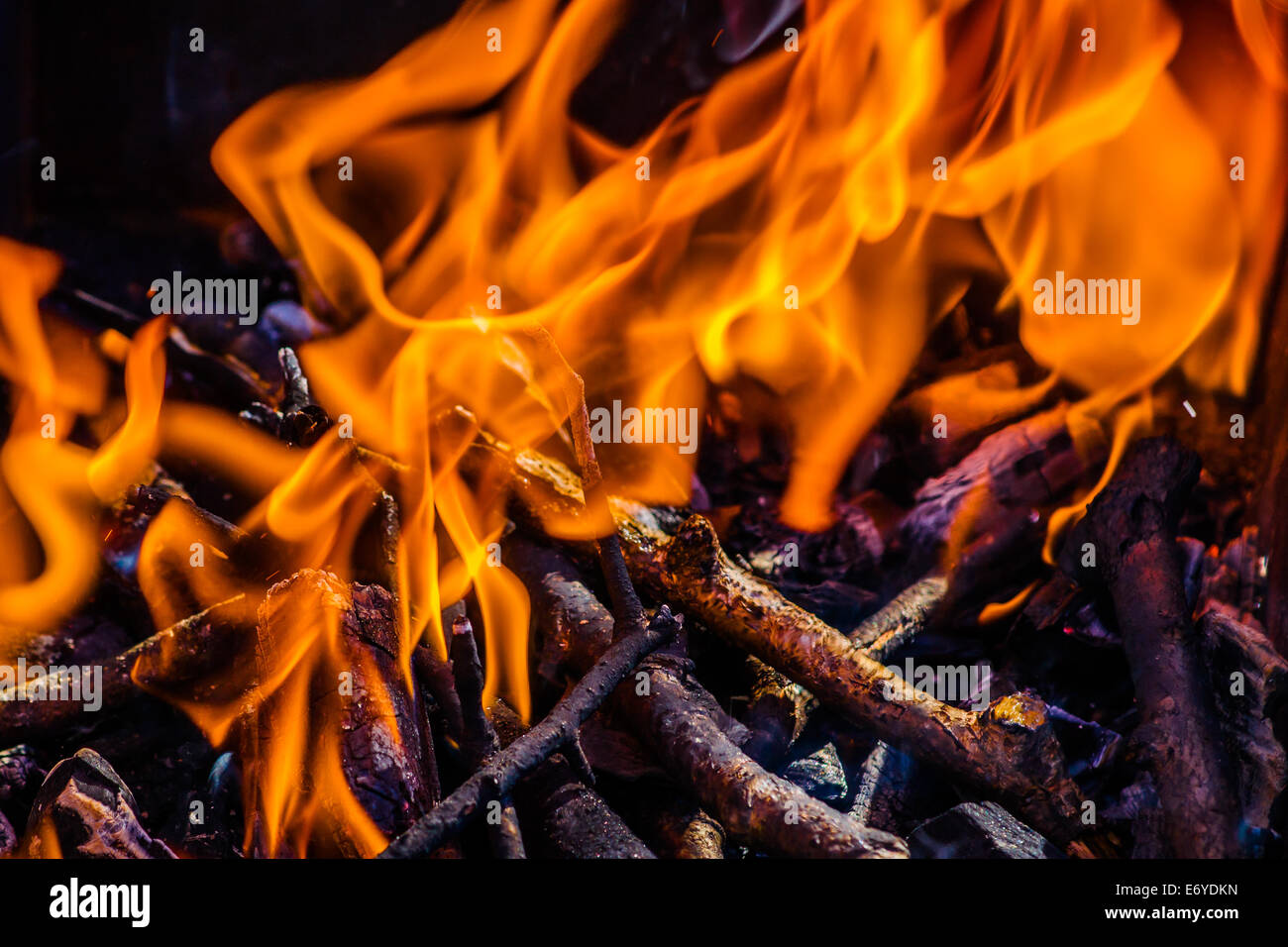 Closeup view of a bonfire flames and burning firewood Stock Photo - Alamy