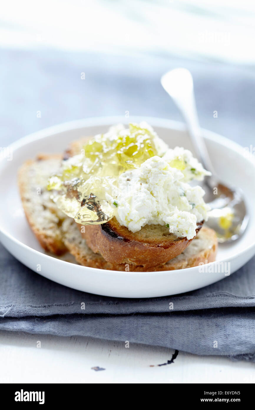 Cheese on toast with celery aspic Stock Photo