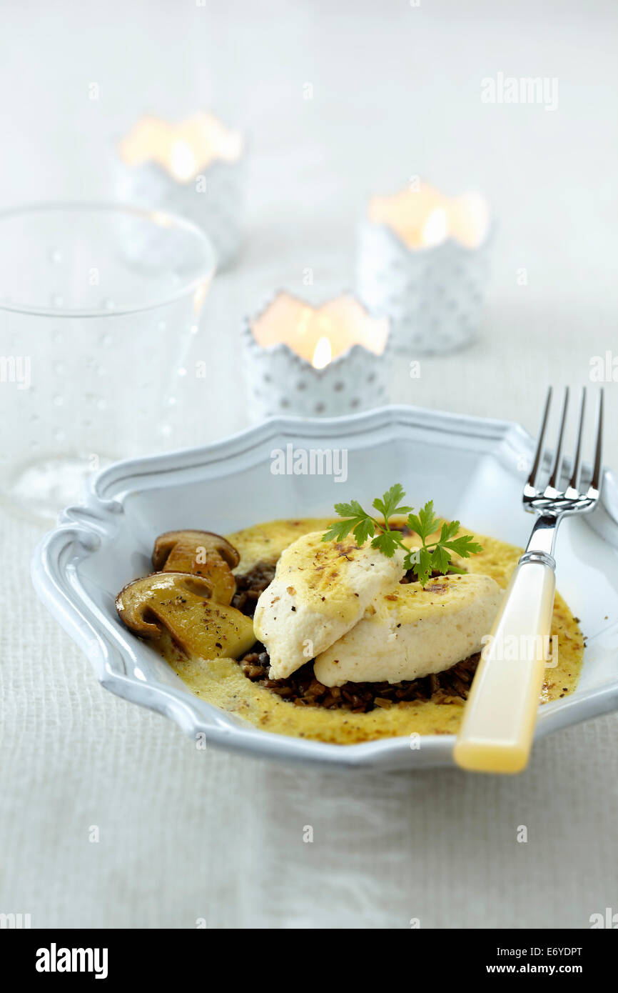 Scallop quenelles in zabaglione with ceps Stock Photo Alamy