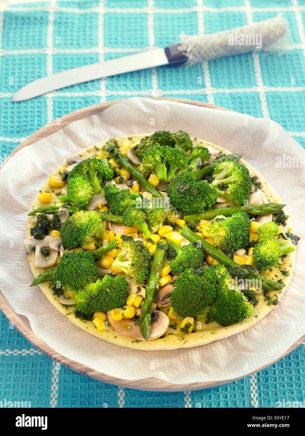 Broccoli-sweetcorn pizza Stock Photo