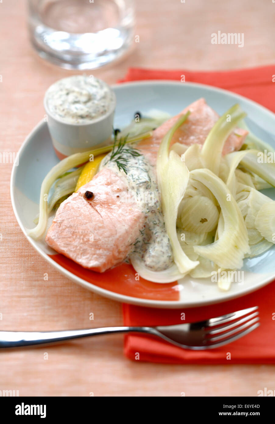 Piece of salmon with sliced fennel and dill sauce Stock Photo Alamy