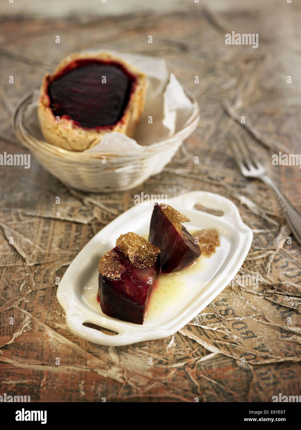 Beetroot in crust pastry with trufles Stock Photo