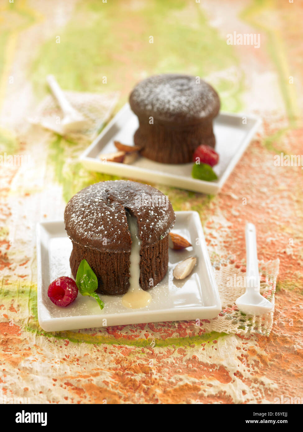 Dark chocolate fondant with a runny white chocolate filling Stock Photo