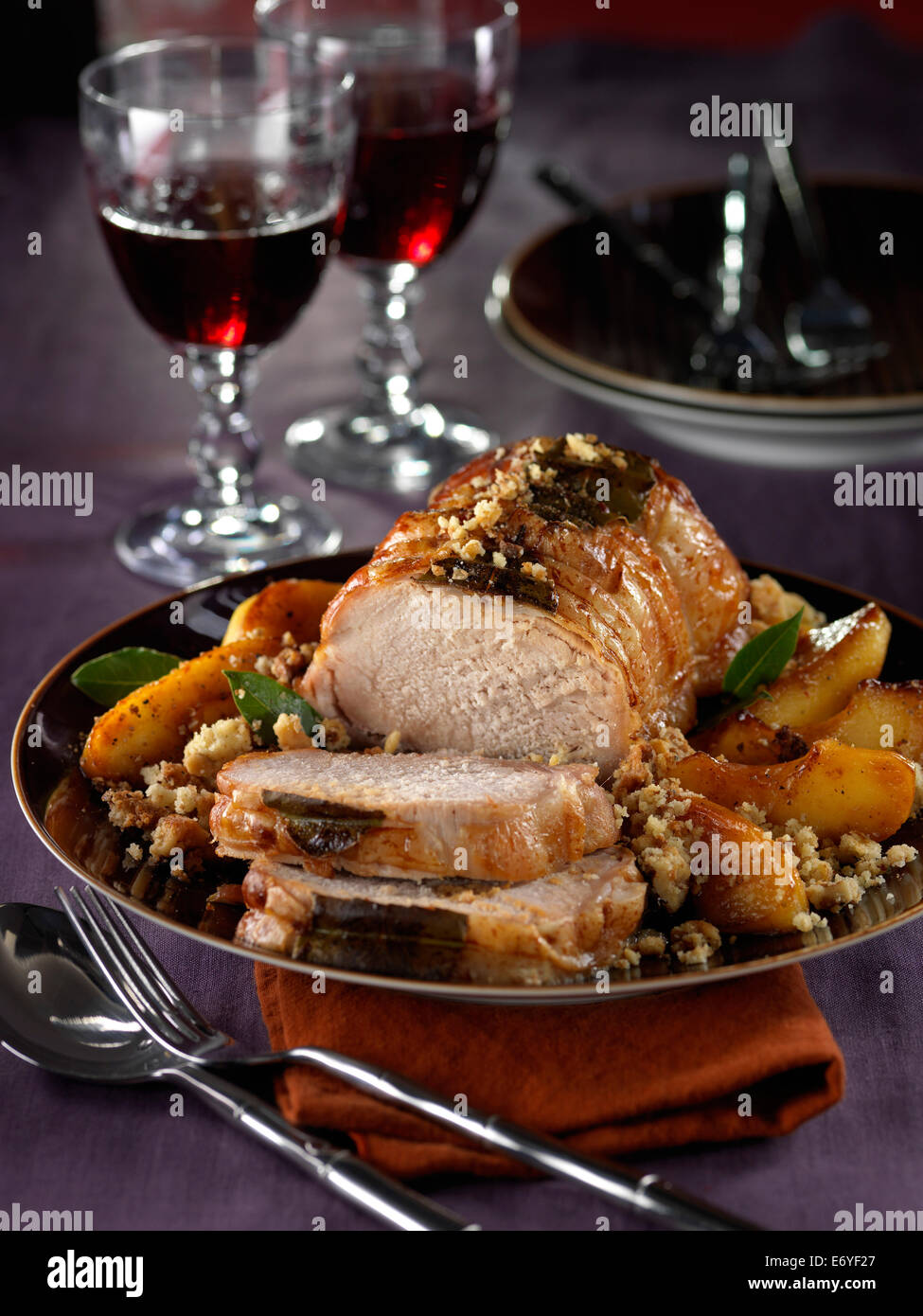 Roast pork with crumbled bread Stock Photo