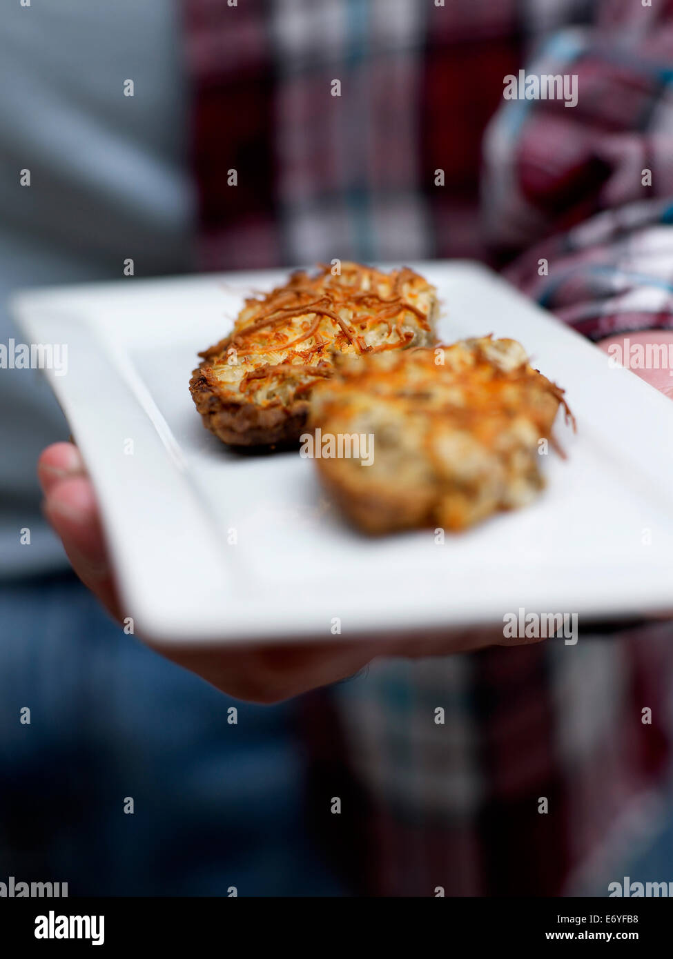 Chalupas :mushrooms and shrimps with cream grilled on toast Stock Photo