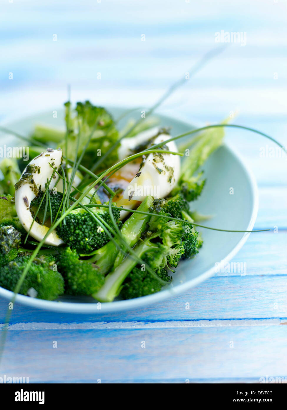 Broccoli salad with a soft-boiled egg and tarragon oil Stock Photo