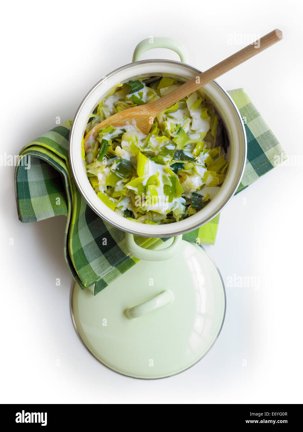 Down shot of a leek fondue in a casserole Stock Photo Alamy