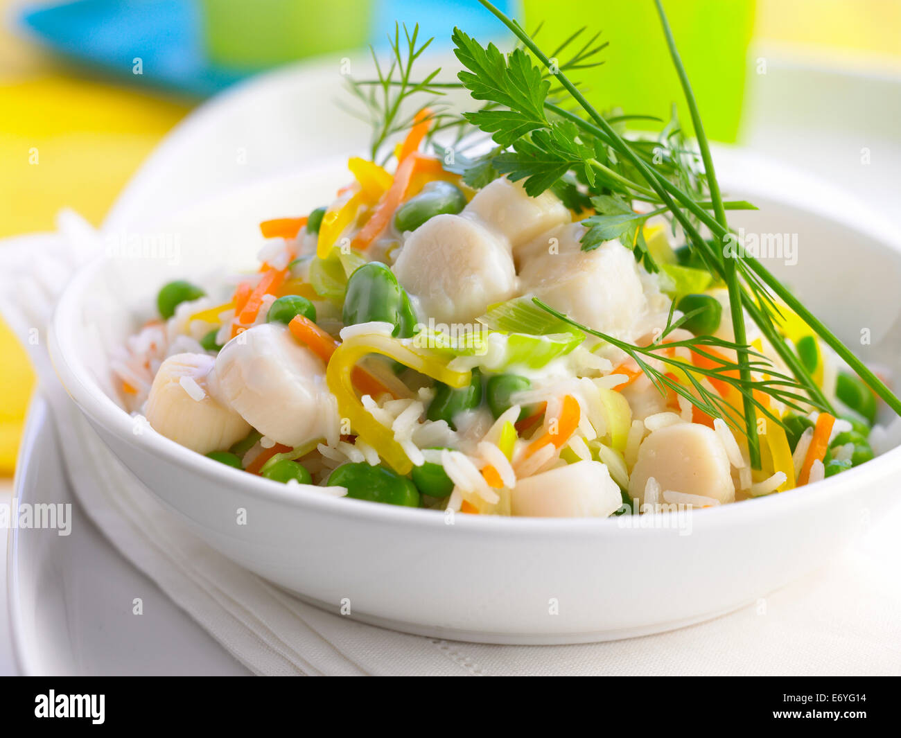 Rice with broad beans,scallops and peppers Stock Photo Alamy