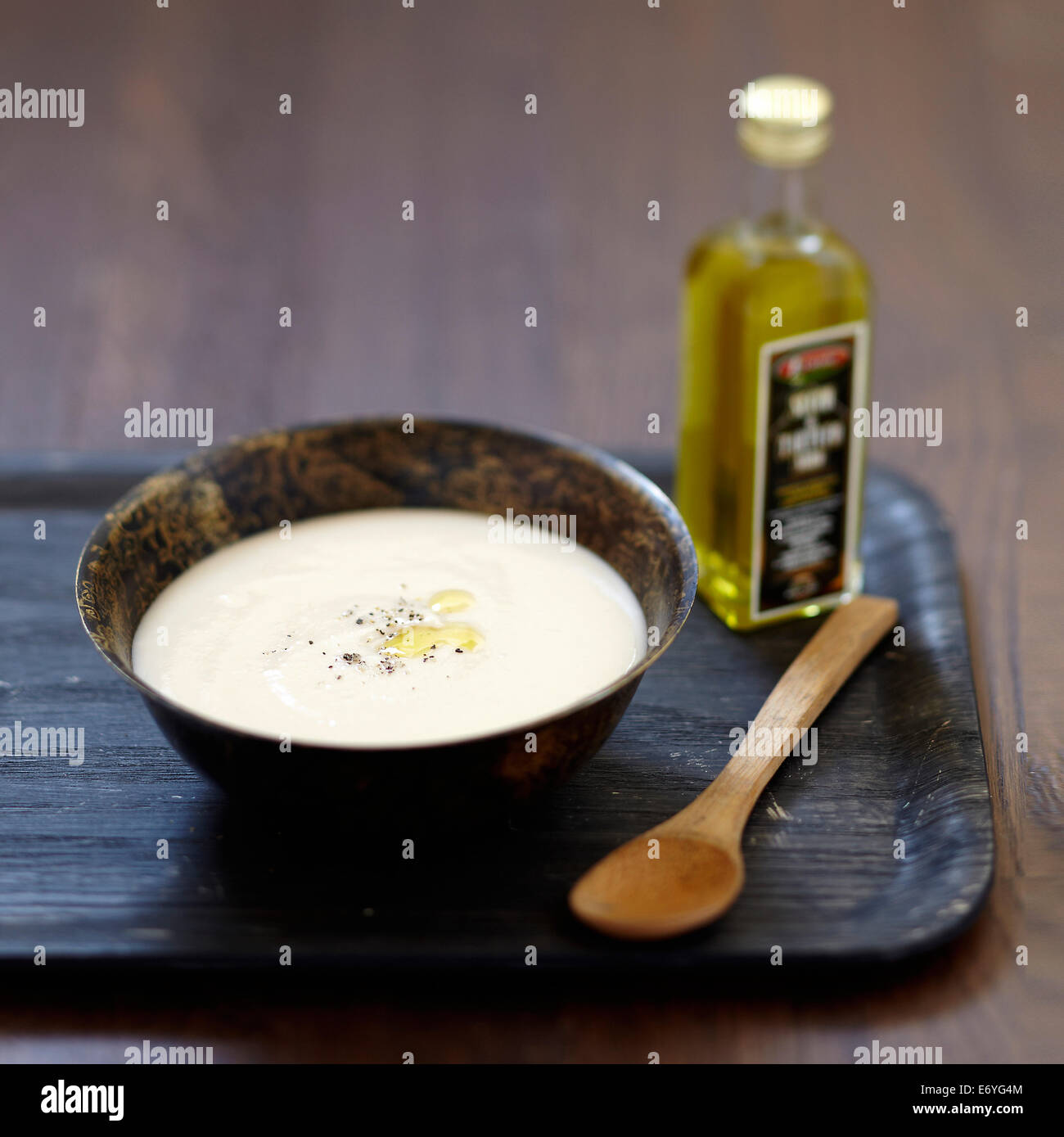 Cream of Coco beans from Paimpol with truffle oil Stock Photo