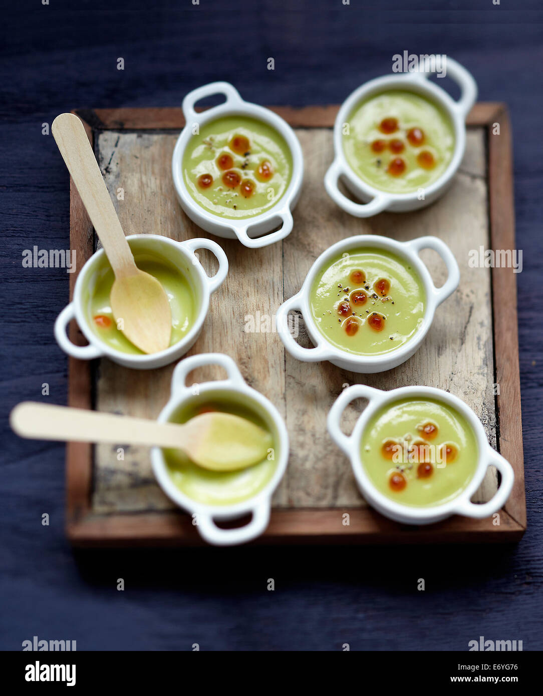 Cream of avocado soup with salmon roe Stock Photo