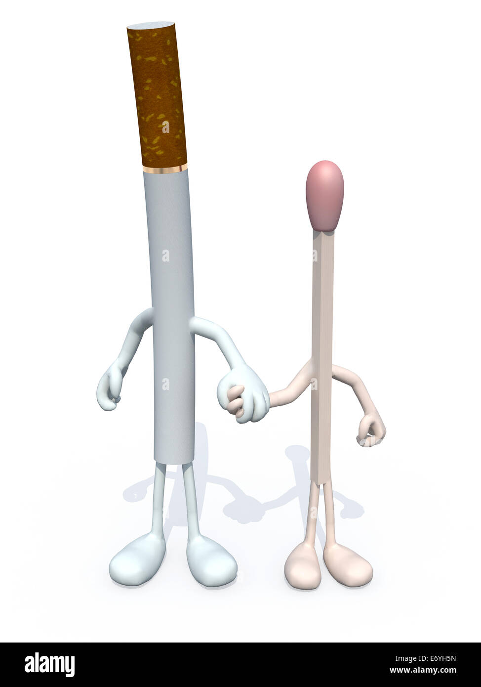cigarette and match with arms and legs, hand in hand, 3d illustration Stock  Photo