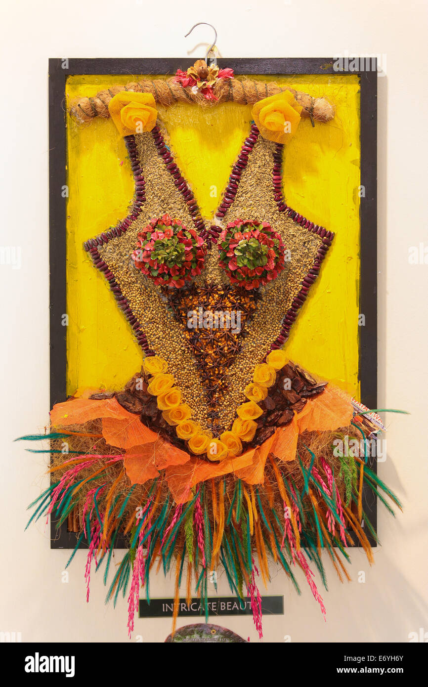 Picture of hanging dress made of nature elements such as flower and beans at FLORIA event held in Putrajaya, Malaysia Stock Photo