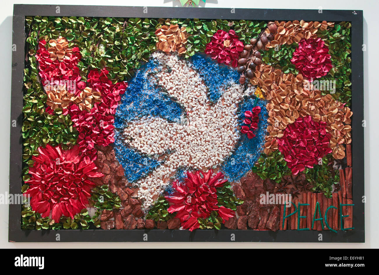 Picture of dove, symbol of peace made from nature elements such as flower and beans at FLORIA event held in Putrajaya, Malaysia. Stock Photo