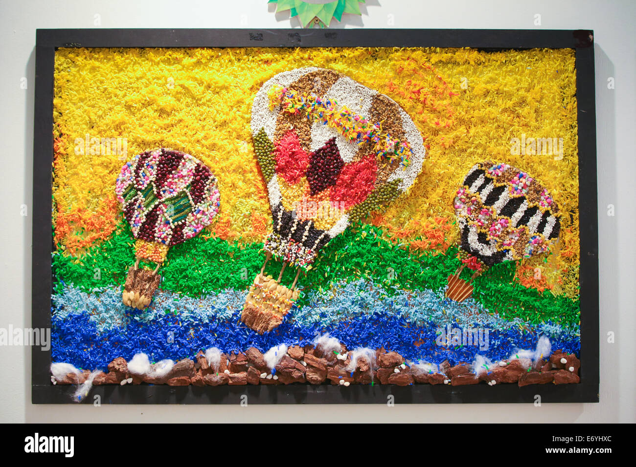 Picture of flying hot air balloon made of nature elements such as flower and beans at FLORIA event held in Putrajaya, Malaysia. Stock Photo