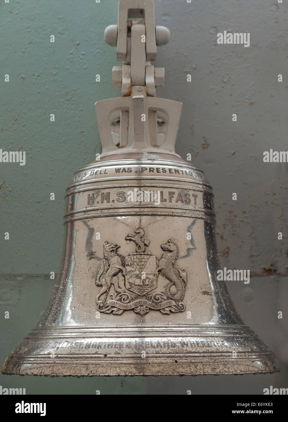 closeup of the ships bell on  the warship HMS belfast moored on the river thames london Stock Photo