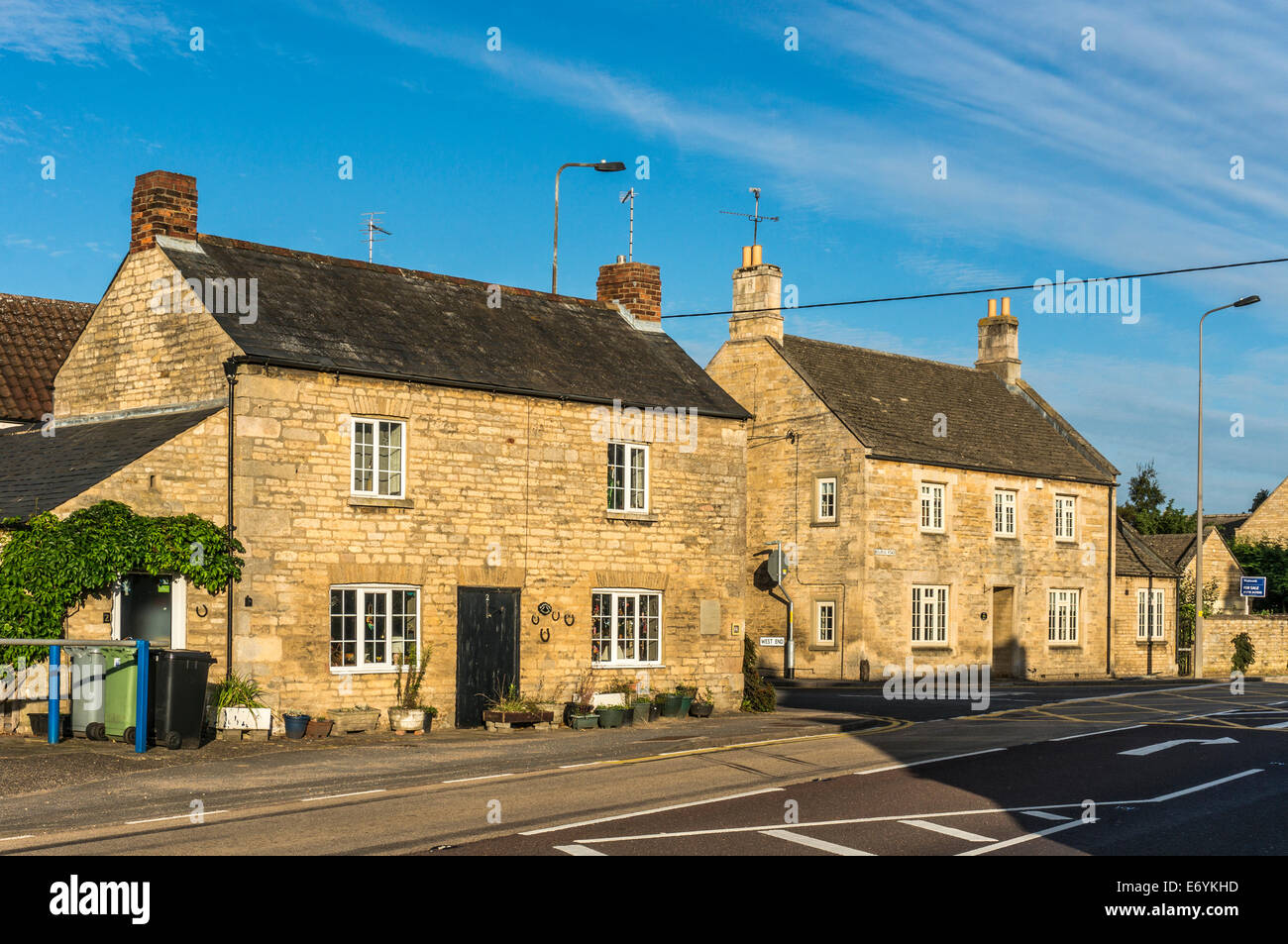 Old stone houses facing the A15 in Langtoft, Lincolnshire, England, UK
