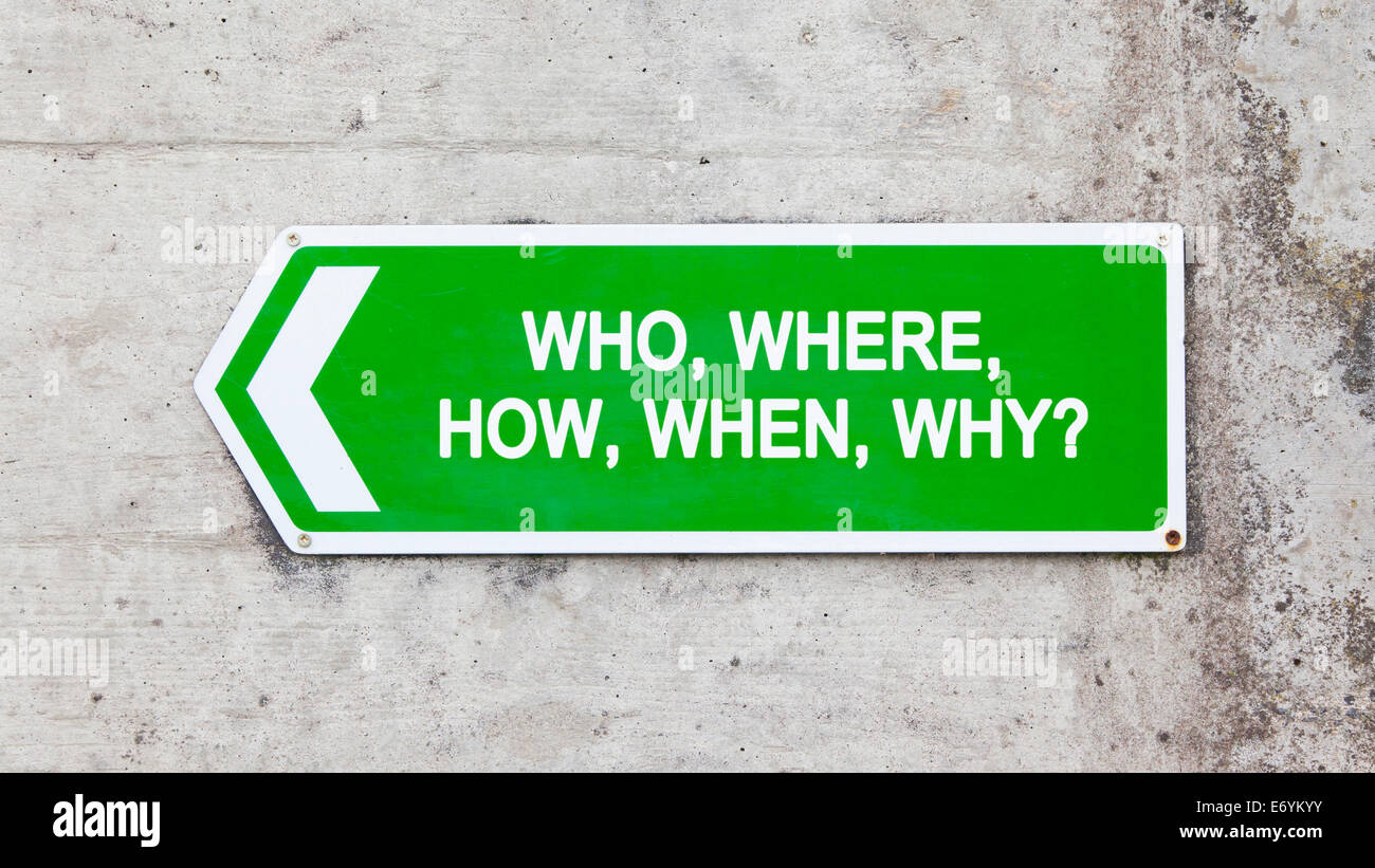 Green sign on a concrete wall - Who where how when why Stock Photo - Alamy