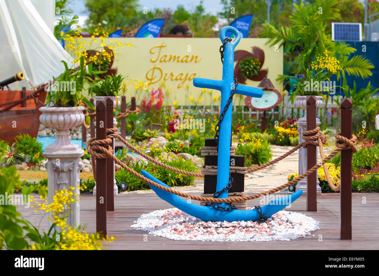 A decorative blue anchor at the Royal garden at FLORIA event held in Putrajaya, Malaysia. Stock Photo