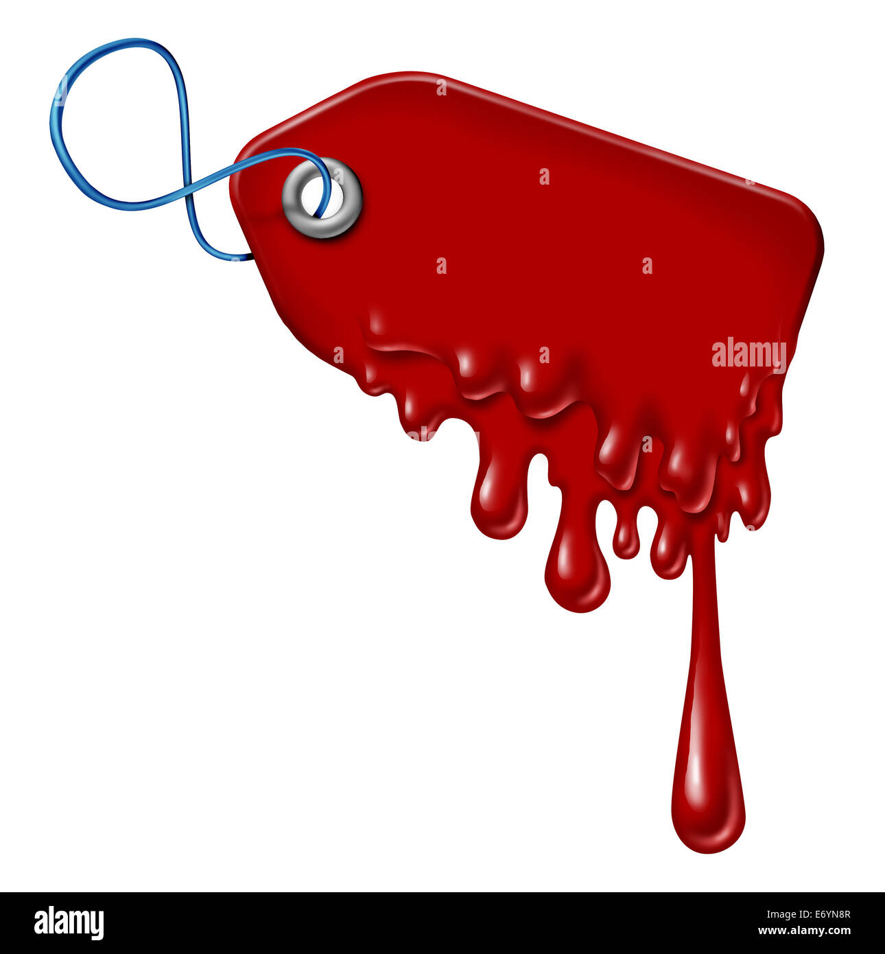 Bleeding debt and liquidation sale financial concept or halloween sales symbol as a retail price tag with blood dripping down on a white background as an icon for hot specials with melting plastic. Stock Photo