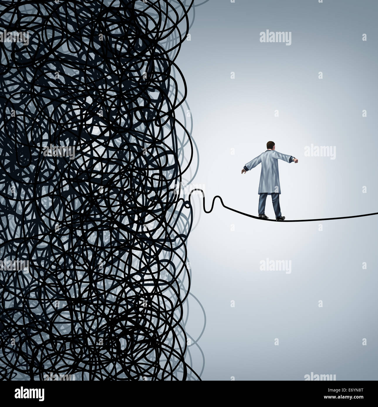 Medical crisis management with a doctor walking on a straight line out of a confused mess of tangled wires as a health care concept  for a hospital manager working to optimicze efficiency for patient wellbeing or finding a cure to disease. Stock Photo