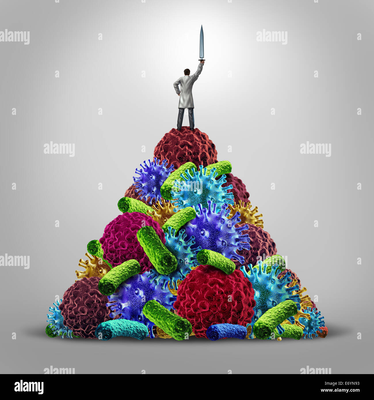 Medical hero health care concept as a doctor standing on a mountain of disease icons as virus bacteria and cancer cells holding Stock Photo