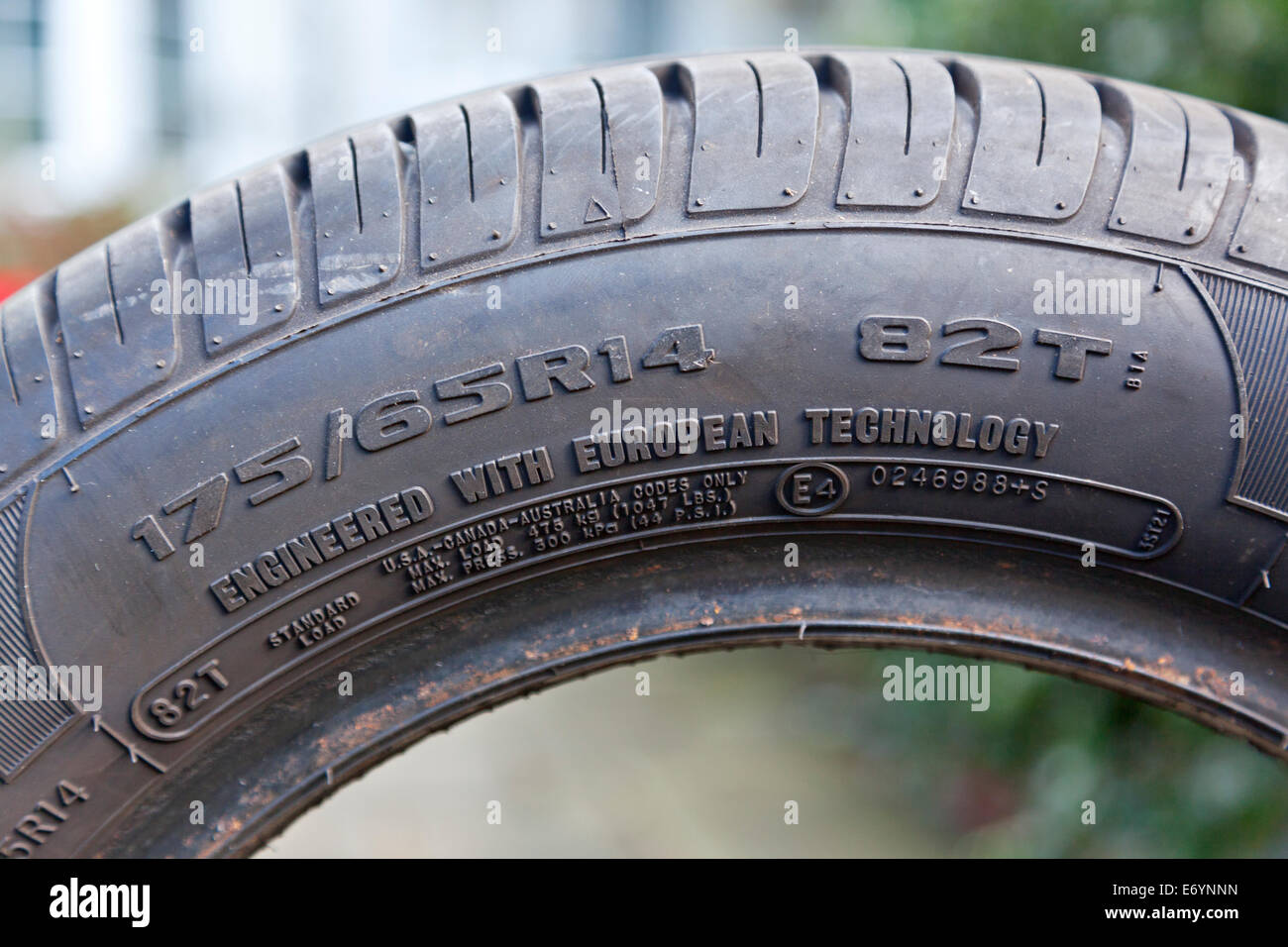 Sidewall size indication on a new Car Tyre 175/65R14 82T Stock Photo