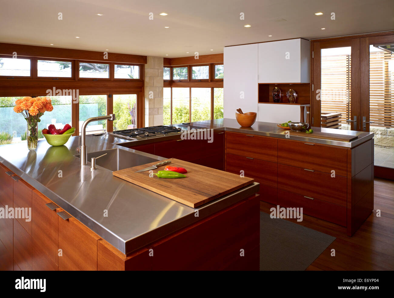 Wooden fitted kitchen in Odyssey House, Carmel, California, USA Stock