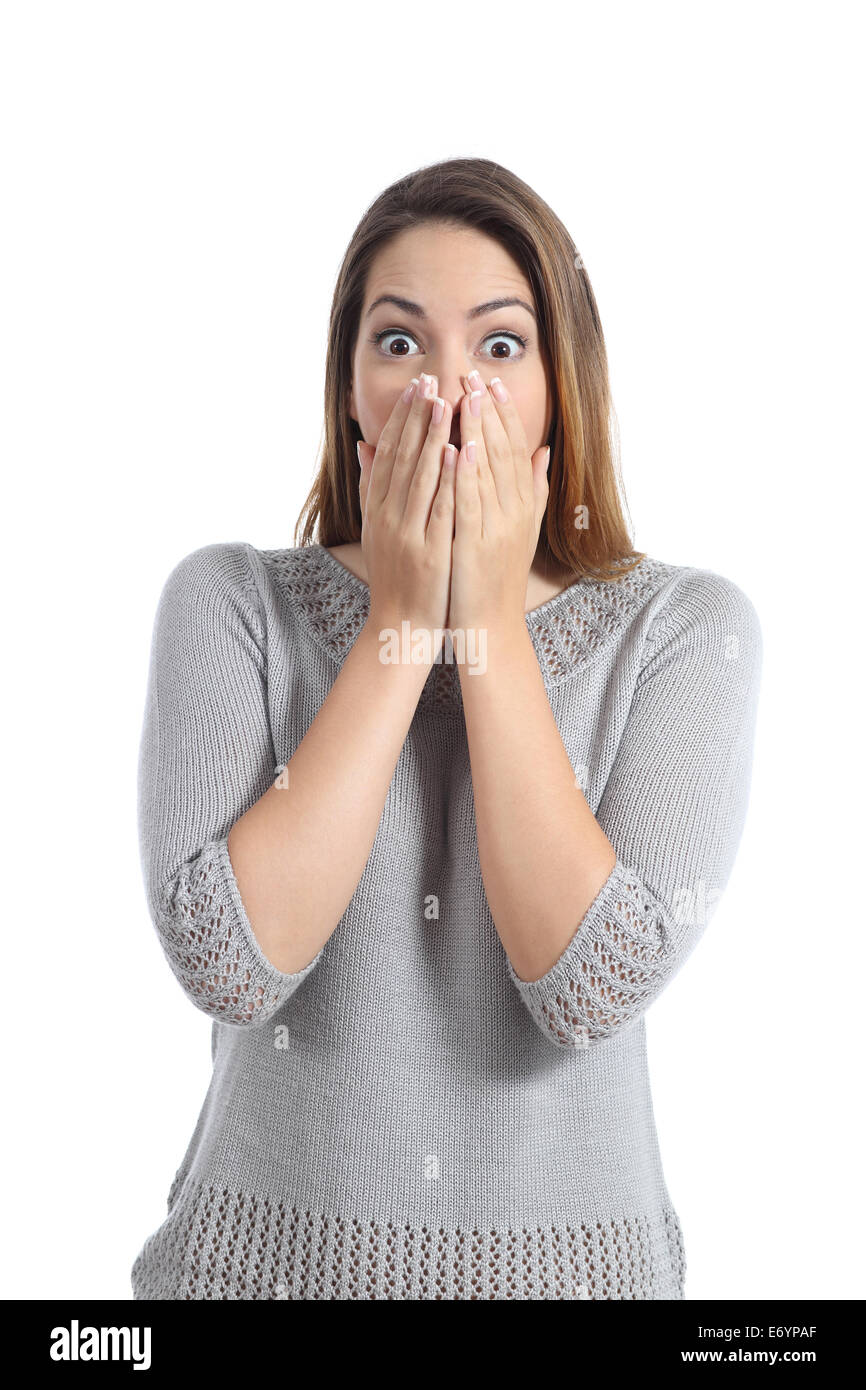 Surprised woman expression with wide opened eyes isolated on a white background Stock Photo