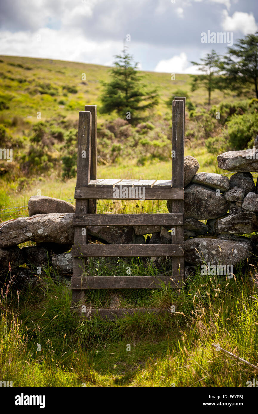 Wooden stile over a dry-stone wall in the Dartmoor National Park, Devon, UK Stock Photo
