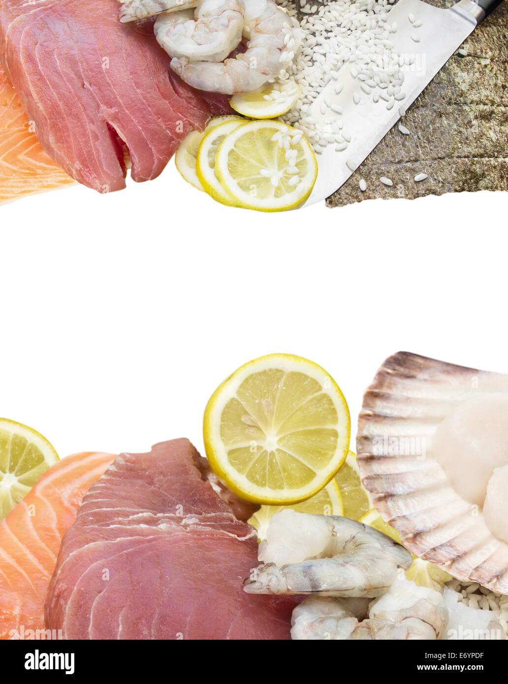 Fresh seafood mix, tuna, salmon, shrimp, Scallops, ingredients for sushi with lemon, isolated,frame Stock Photo