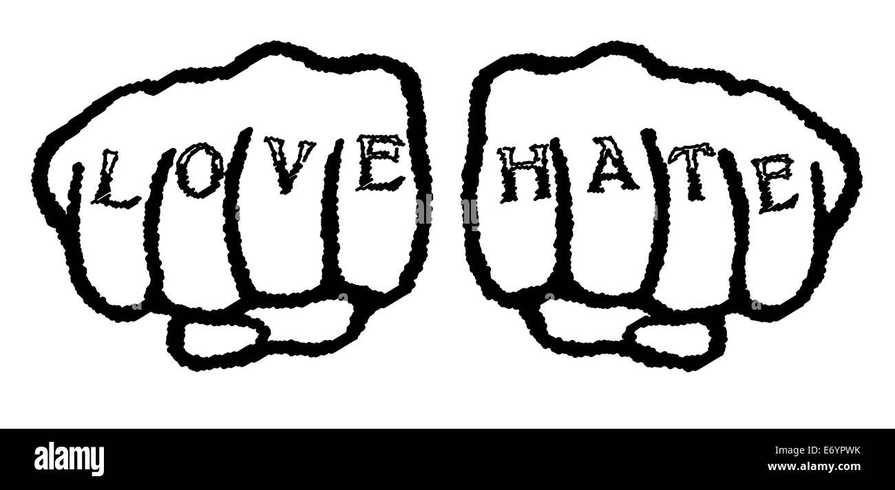 Clenched fists with love hate tattoo enclosed in a black circle over a white background Stock Photo