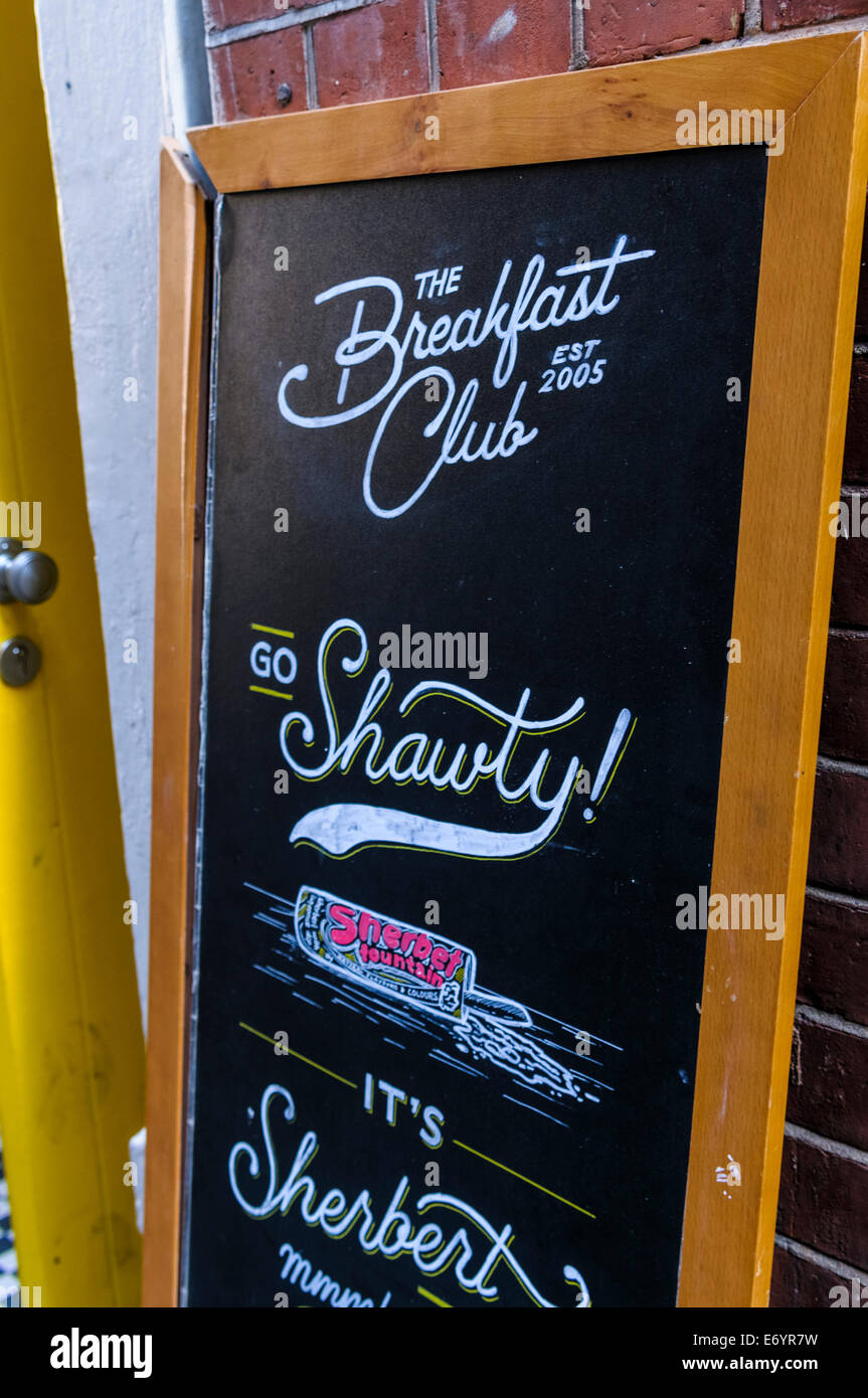 Blackboard of the Breakfast Club in Shoreditch, London, UK Stock Photo