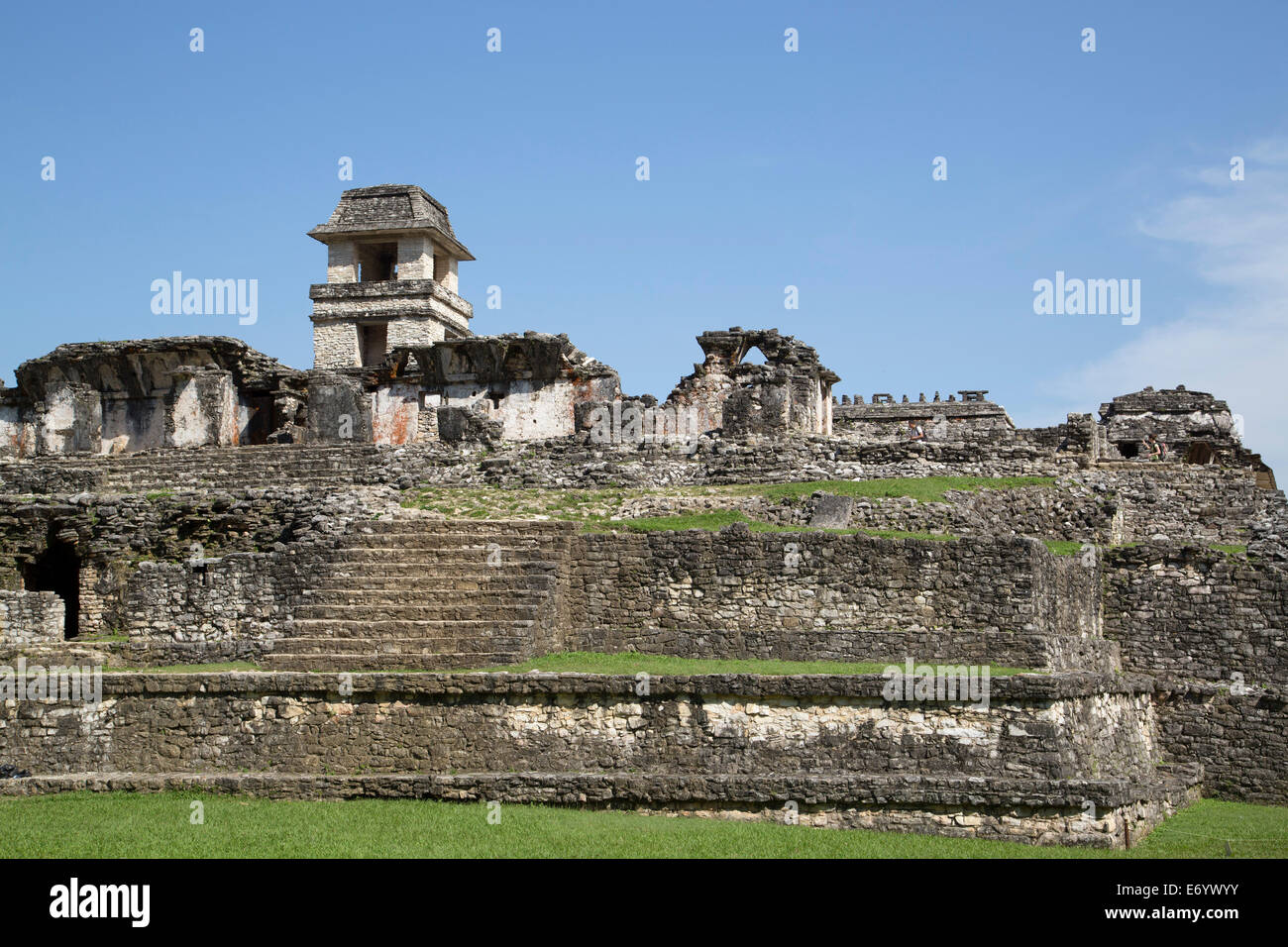 Mexico, Chiapas, Palenque, Palenque Archaeological Park, the Palace with Tower Stock Photo