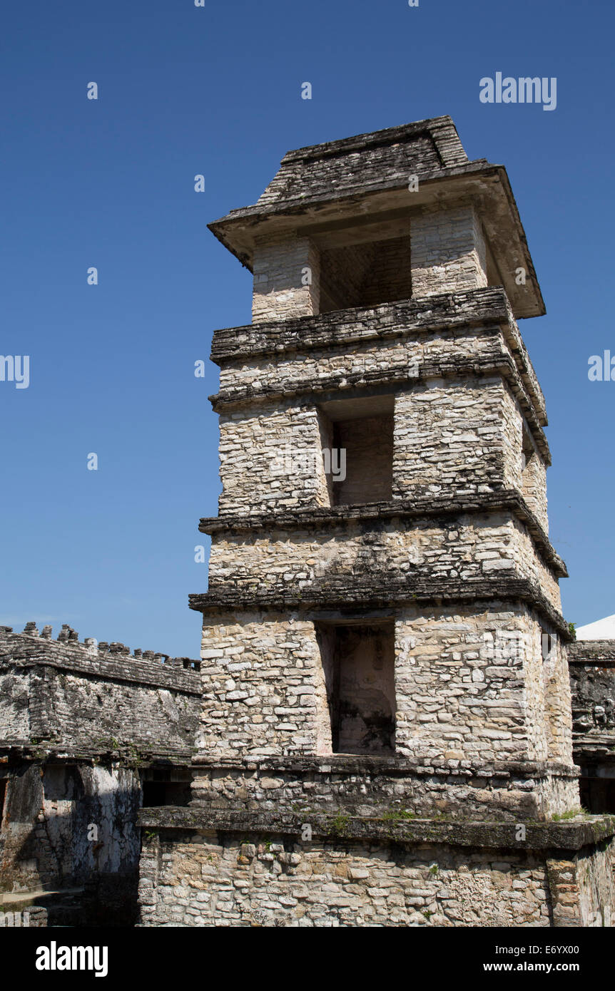 Mexico, Chiapas, Palenque, Palenque Archaeological Park, the Palace with Tower Stock Photo