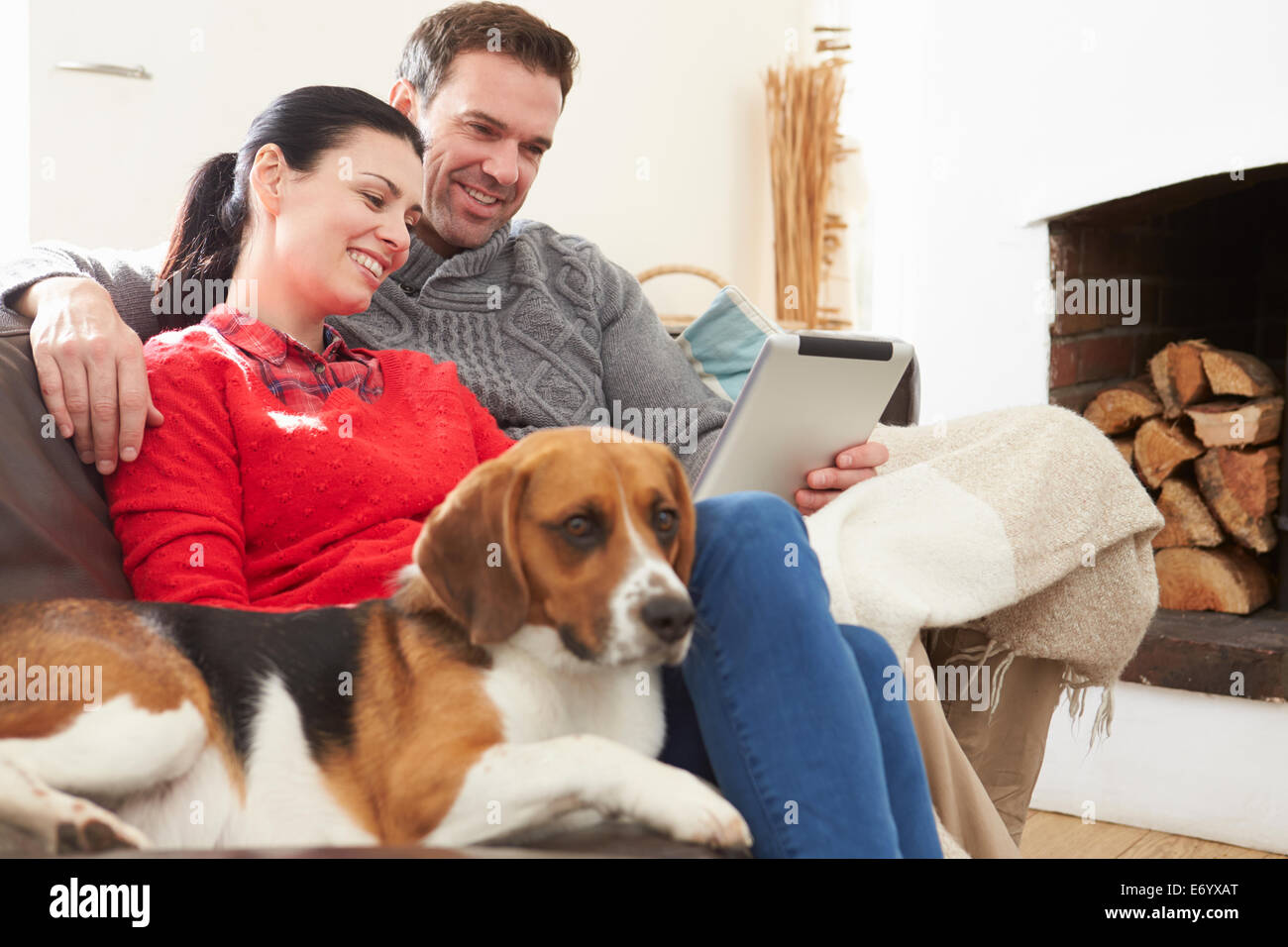Couple At Home With Pet Dog Looking At Digital Tablet Stock Photo