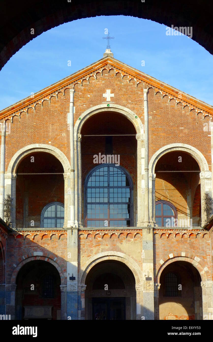 The facade of the Basilica di Sant'Ambrogio in Milan, Italy. Stock Photo
