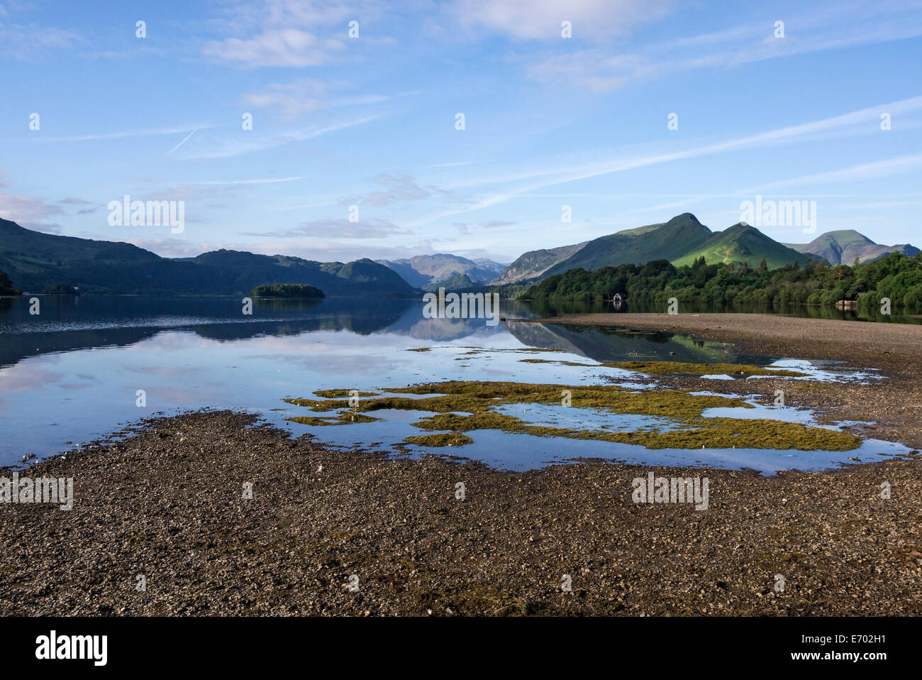 Derwentwater, Lake District, Cumbria. The picture shows the slit deposit at the north end of the lake after repeated floods. Stock Photo
