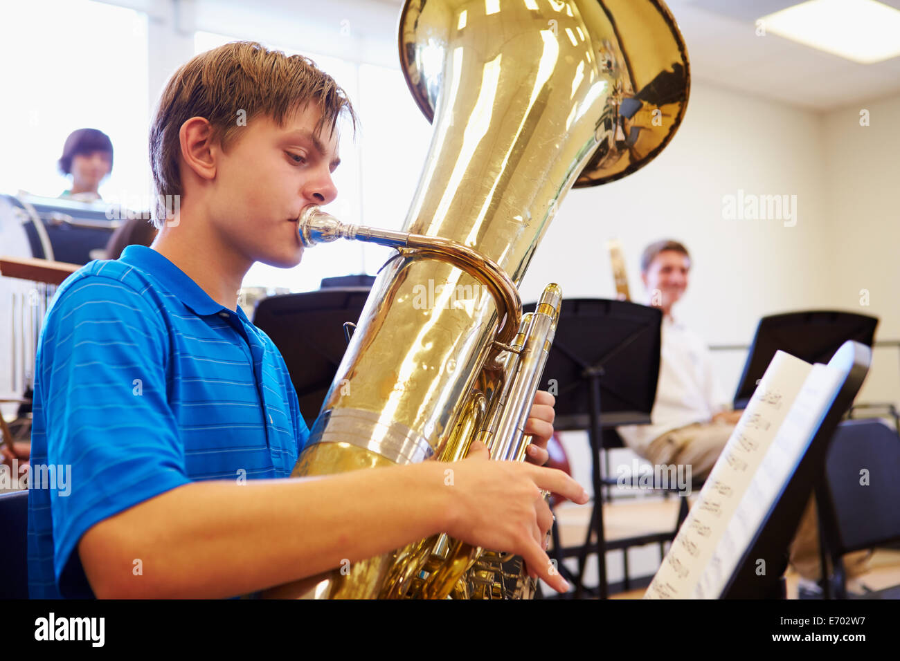 Girl Poses Brass Musical Instrument Tuba Stock Photo 2127024119