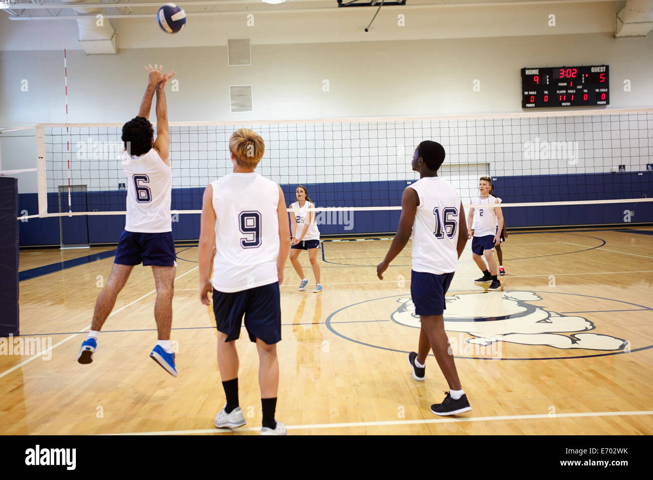 High School Volleyball Match In Gymnasium Stock Photo